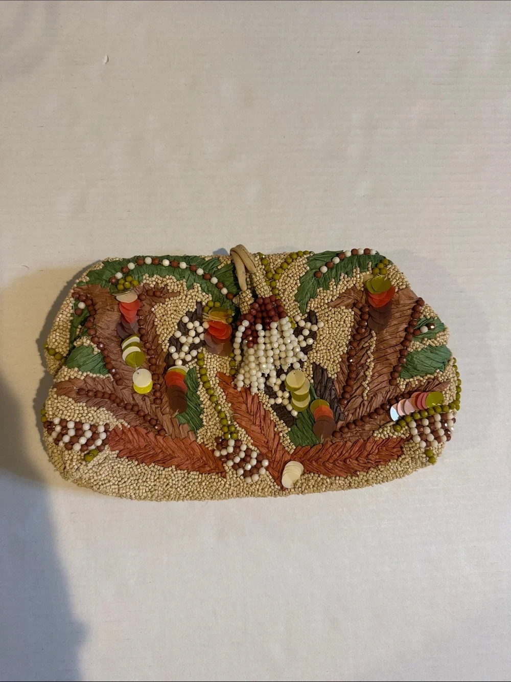 Zara Beaded Leaf Motif Clutch in Beige, Green and Brown